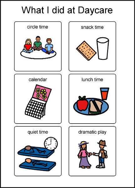 What I did at daycare symbols: circle time, snack time, calendar, lunch time, quiet time, dramatic play
