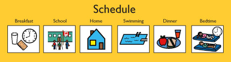 photo of schedule with boardmaker pics of breakfast, school, home, swimming, dinner, bedtime