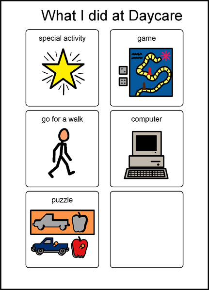 What I did at daycare symbols: special activity, game, go for a walk, computer, puzzle
