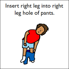 step 3 insert right leg into right leg hole of pants