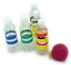 photo of bowling set made from plastic bottles